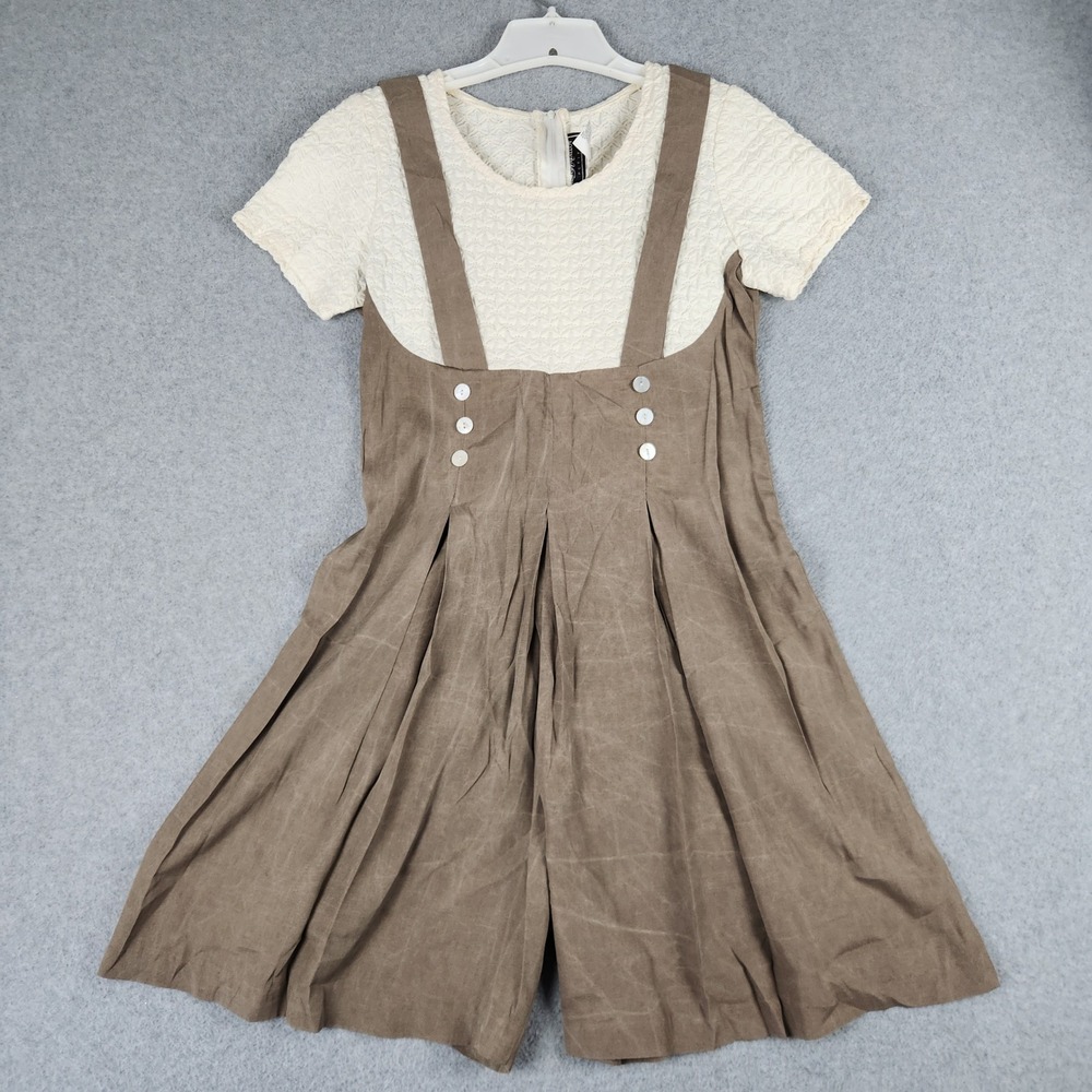 Molly Malloy Romper Women 6P Brown Cream Pinafore Textured Wide Leg 90s Back Zip